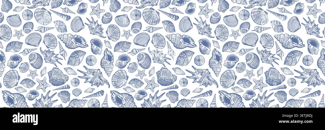 Imprimé d'été avec couleur bleue et blanche. Fond de modèle Seashells à la mode sans couture. Fond d'écran marin. Illustration de Vecteur