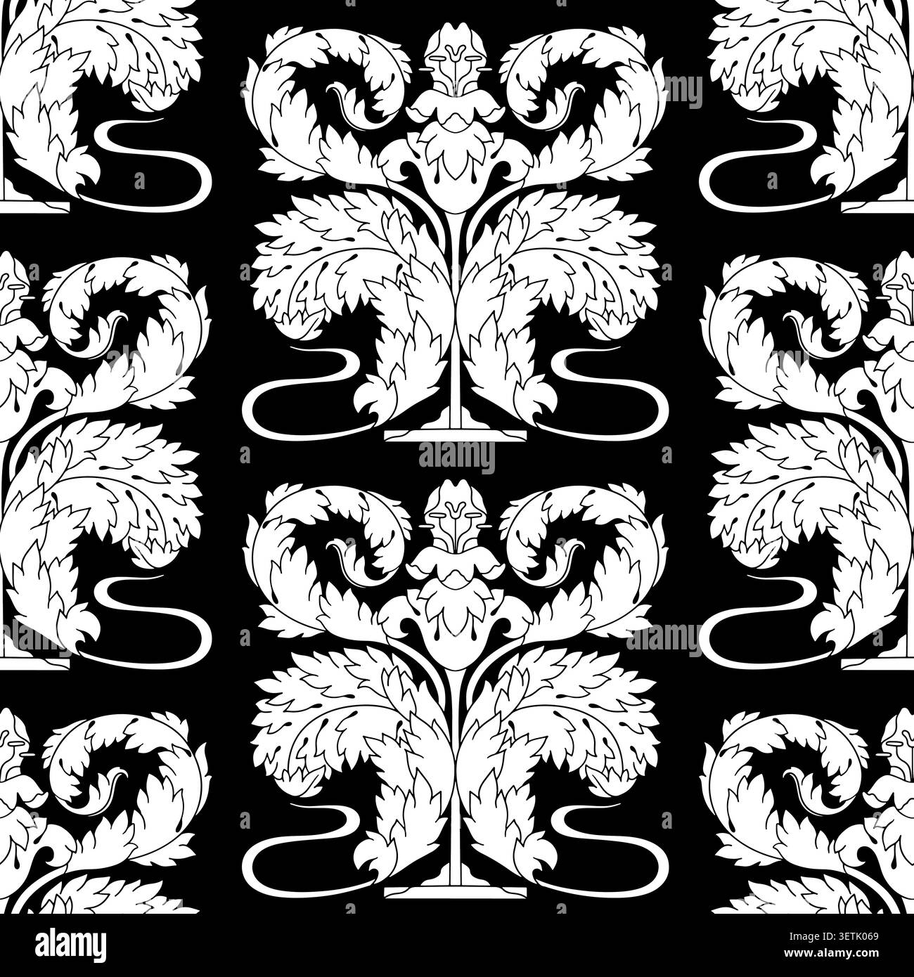 Style Art nouveau dessiné à la main silhouette monochrome acanthus laisse damassé motif sans couture Illustration de Vecteur