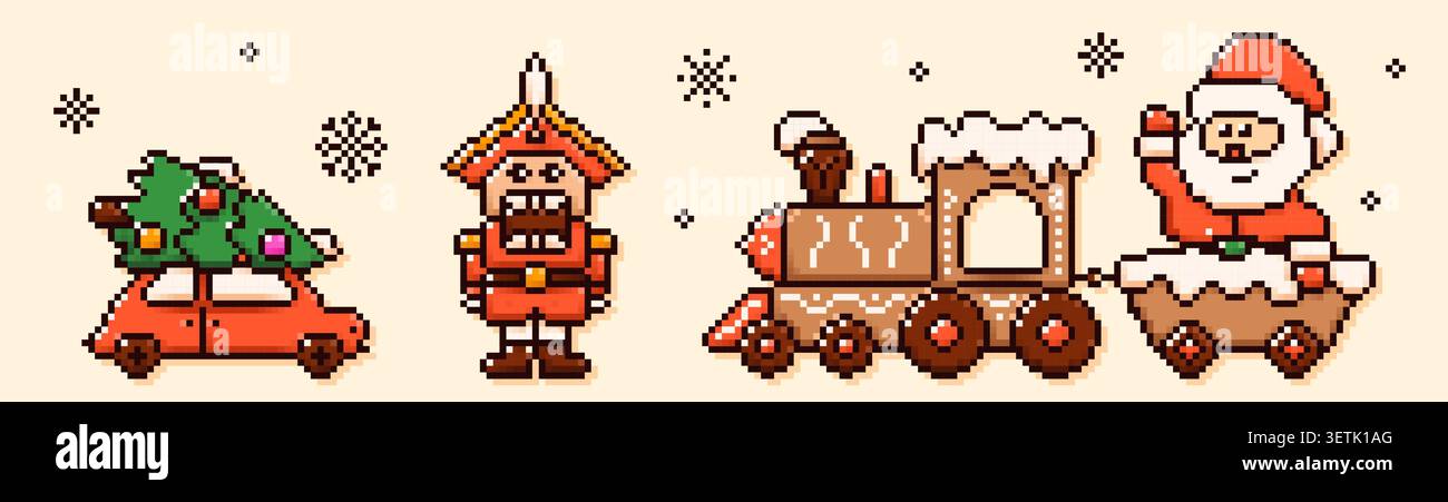 Pack d'éléments de Noël Pixel art 8 bits. Train en pain d'épices avec le Père Noël, voiture rouge avec arbre de vacances, casse-noix et flocons de neige. Illustration de Vecteur