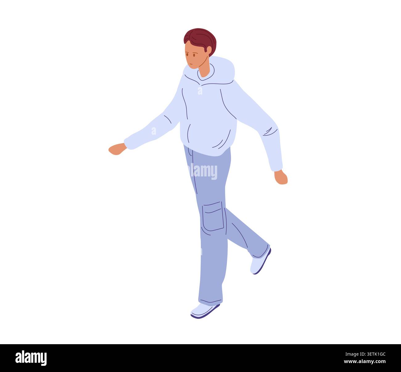 Homme en sweat à capuche confortable marchant avec les bras oscillant large. Foulée détendue et sans soucis. Mode de vie décontracté, sensibilisation à la santé mentale Illustration de Vecteur