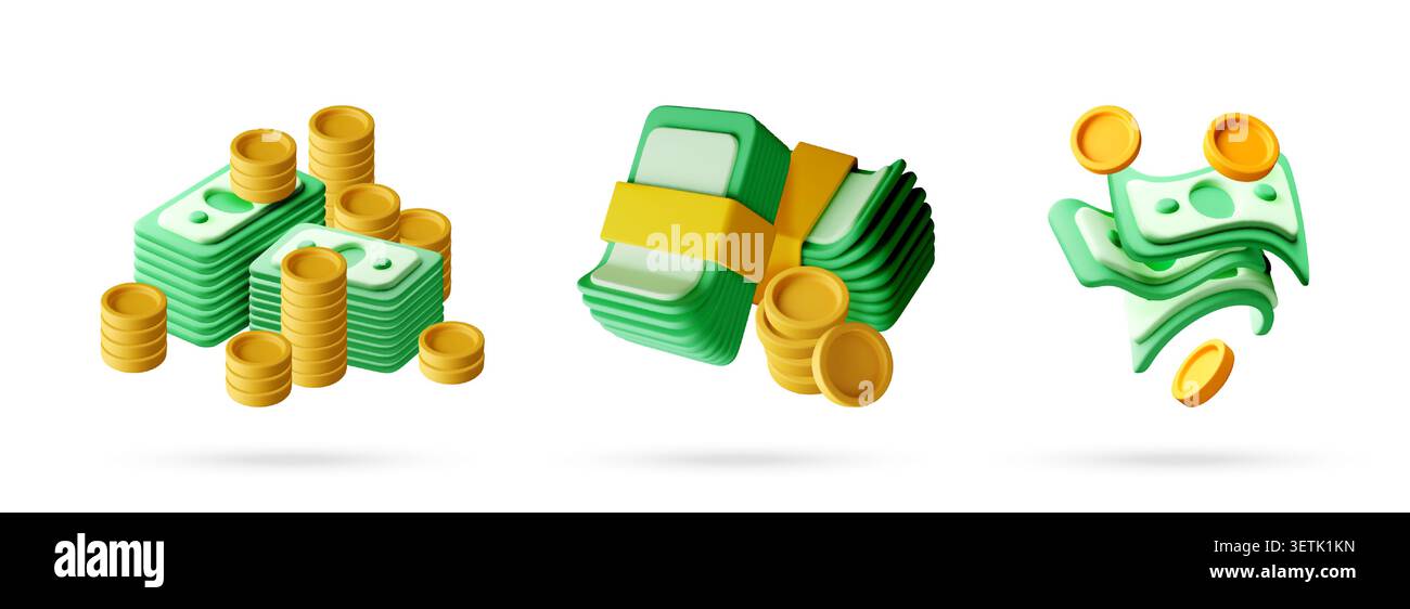 Ensemble d'icônes d'argent 3D avec des piles de billets de banque verts et de pièces d'or. Symboles de richesse financière pour l'investissement des entreprises. Collection de devises de dessin animé pour Illustration de Vecteur
