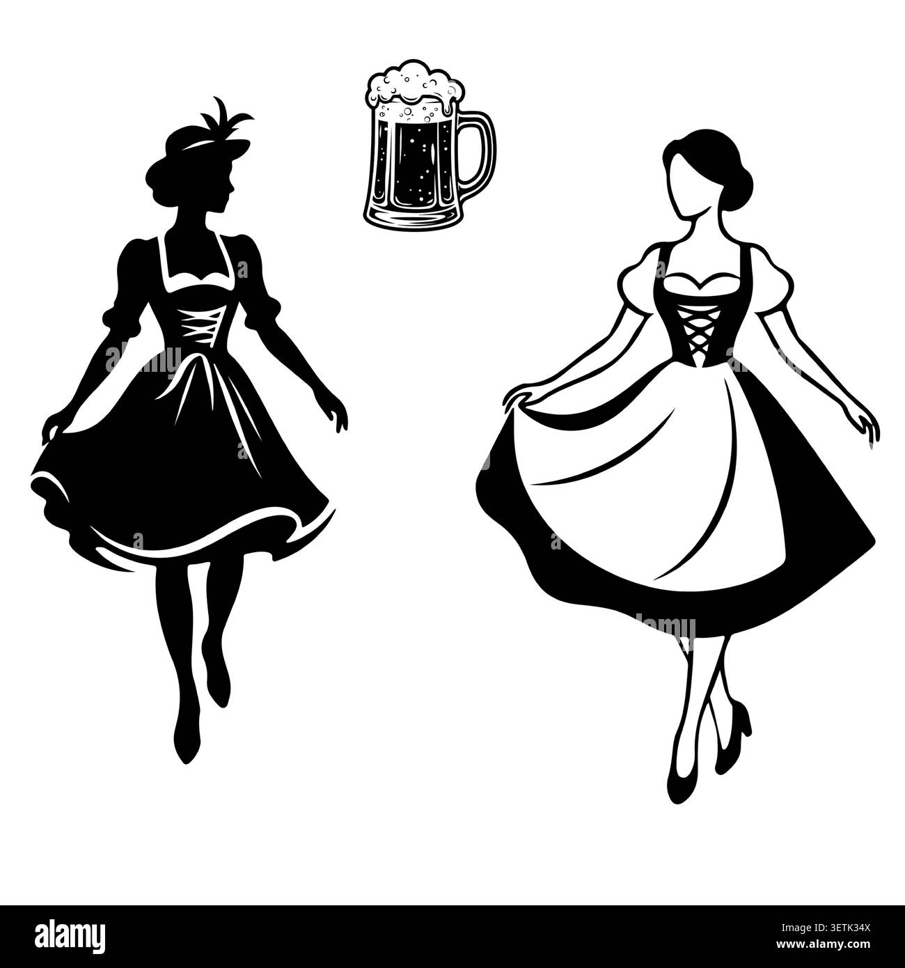 Filles en robes traditionnelles allemandes. Illustration vectorielle. Ensemble avec filles et tasse de bière avec mousse moelleuse. Pour la conception de matériaux sur Oktoberfest et Illustration de Vecteur