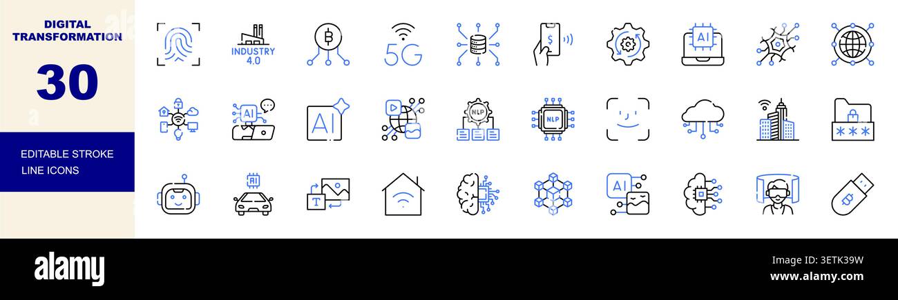 Jeu d'icônes de trait modifiables de transformation numérique. Intelligence artificielle, 5G, industrie 4,0, Blockchain et illustration vectorielle d'automatisation Illustration de Vecteur