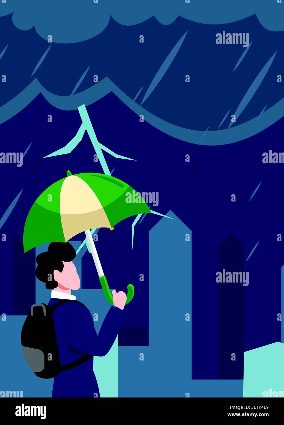 Illustration vectorielle plate d'une personne tenant un parapluie pendant une tempête avec la foudre et la pluie, symbolisant la protection, la résilience, la gestion des risques, Illustration de Vecteur