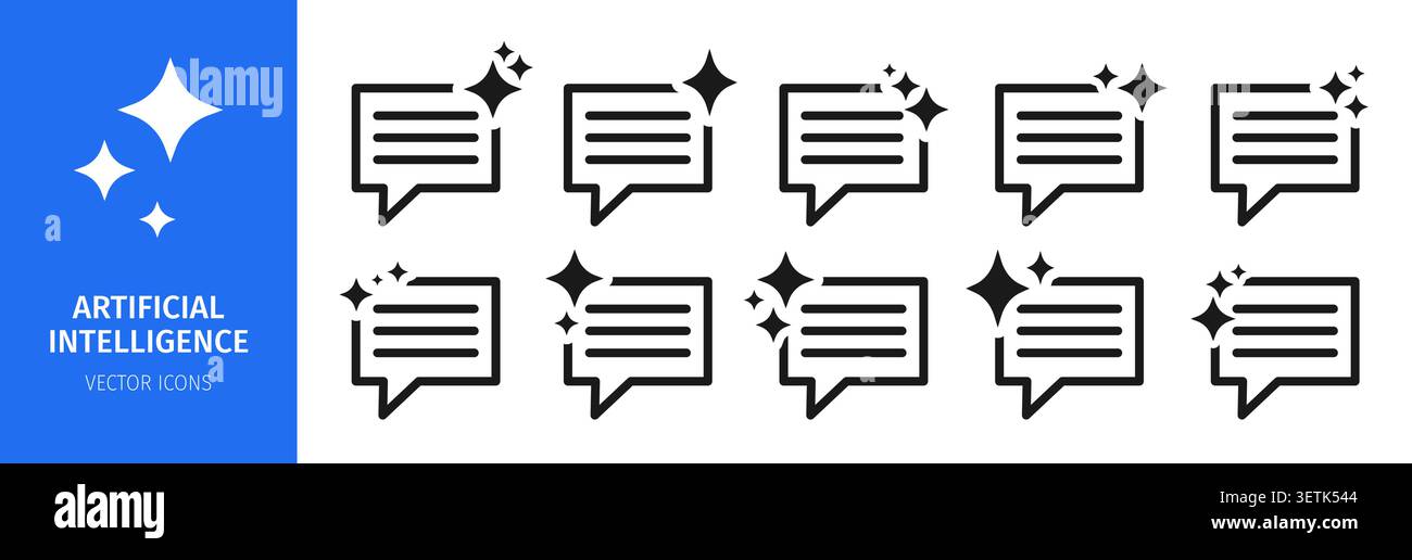 Icônes pour améliorer les messages, chatter en utilisant ai Sparkle Set. Symboles d'intelligence artificielle avec des paillettes magiques étoiles effets Starburst signes. Éléments vectoriels de conception technologique d'applications de symboles d'apprentissage machine Illustration de Vecteur