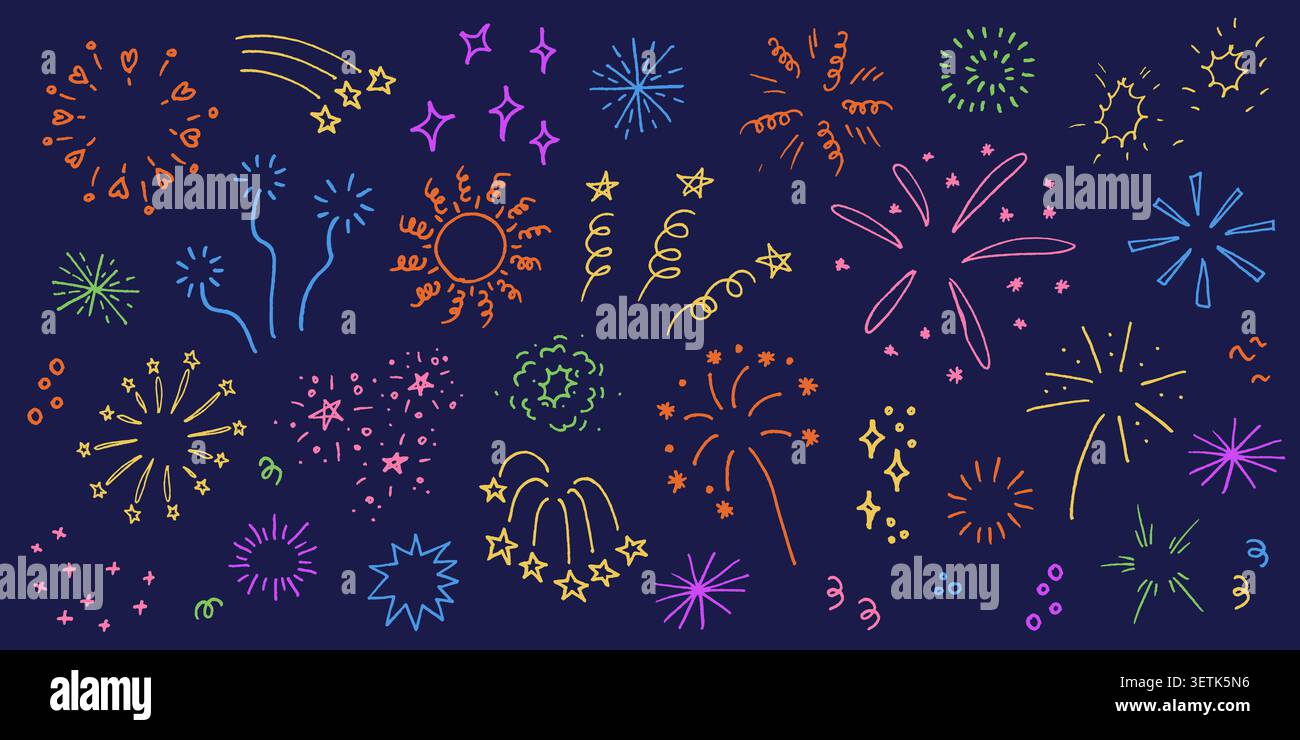 Feux d'artifice colorés avec étoiles et étincelles. Foudre linéaire, explosion, éclat de soleil, ensemble d'effet bling Illustration de Vecteur