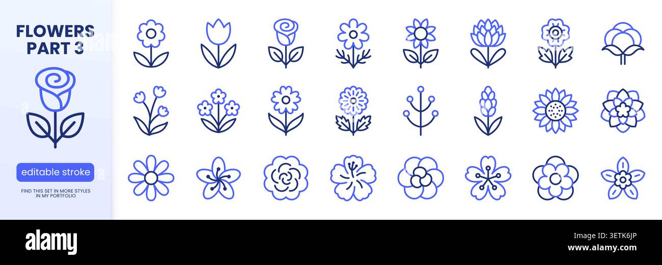 Jeu d'icônes de ligne de fleurs. Rose, tulipe, tournesol, lotus, camomille, illustrations vectorielles minimales lavande. Signes de contour simples pour la conception florale. Bleu Illustration de Vecteur
