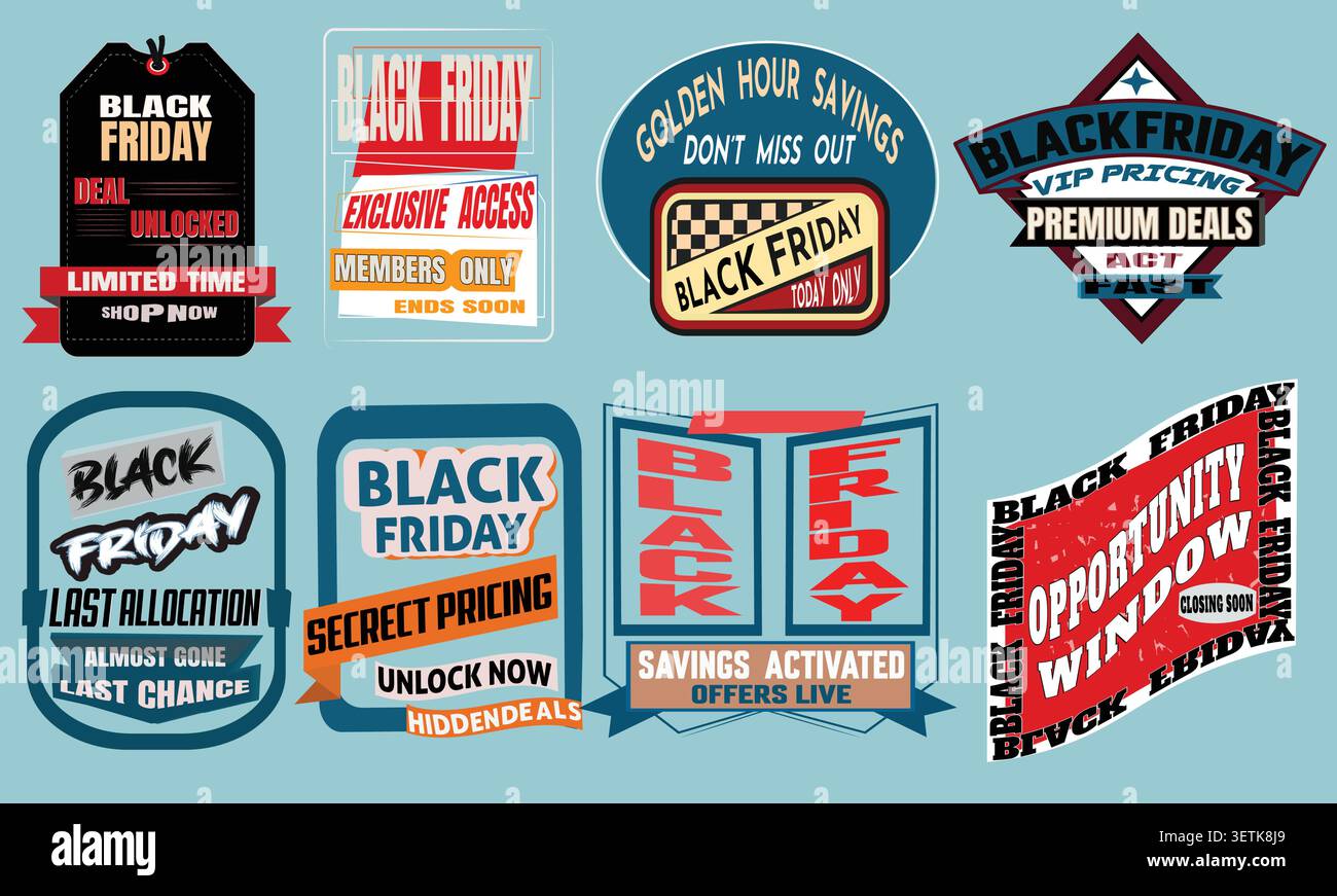 Collection d'étiquettes de soldes du vendredi fou, de badges d'offre exclusive, d'étiquettes de prix VIP et d'autocollants de réduction promotionnels pour les campagnes de marketing de détail. Illustration de Vecteur