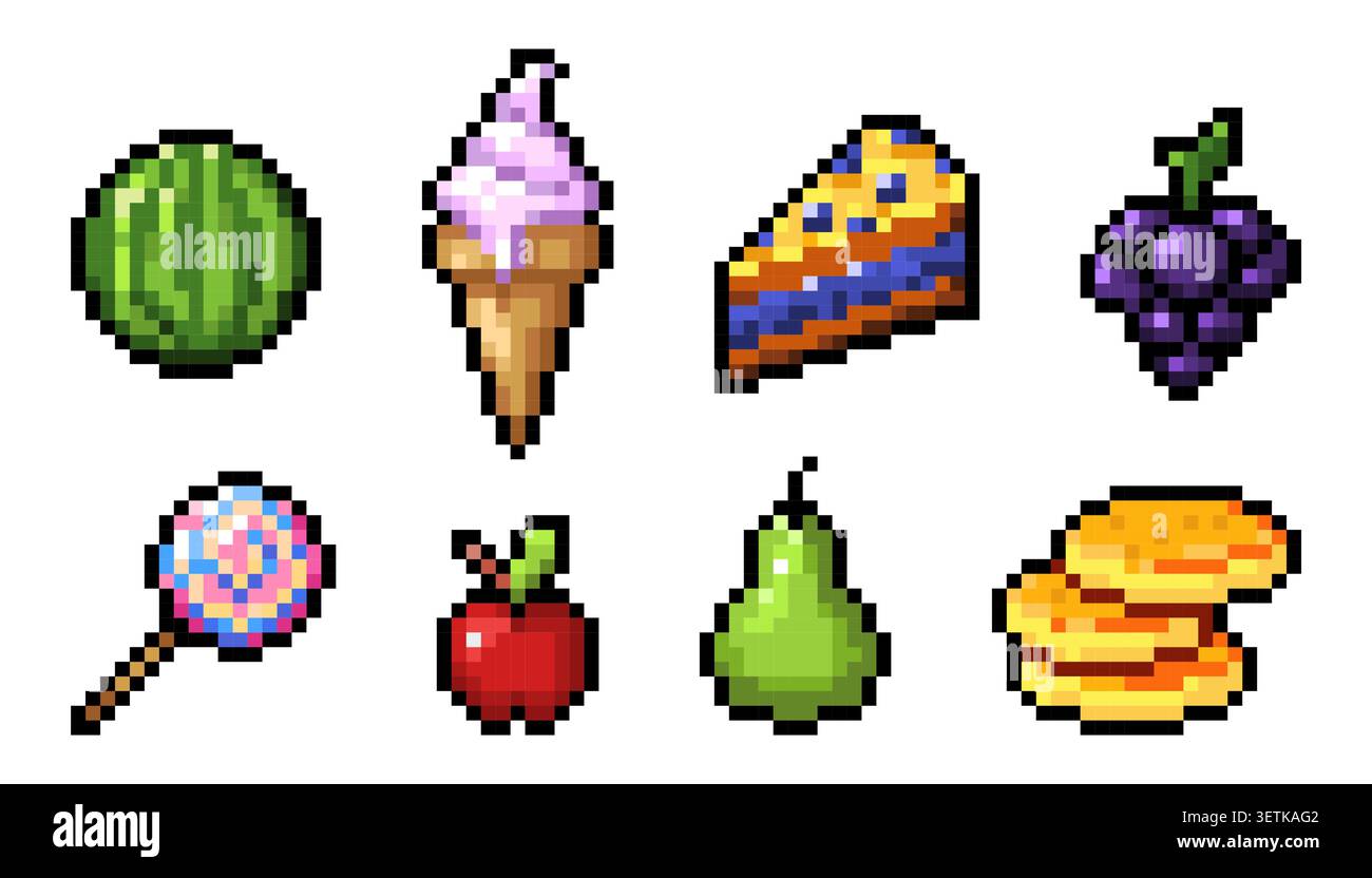 Icônes de fruits et de bonbons d'art de pixel de pomme, poire, raisin et pastèque, nourriture vectorielle, pictogrammes de dessert sur fond blanc. Gâteau, cône de crème glacée et crêpes dans un style de jeu rétro 8 bits vibrant Illustration de Vecteur