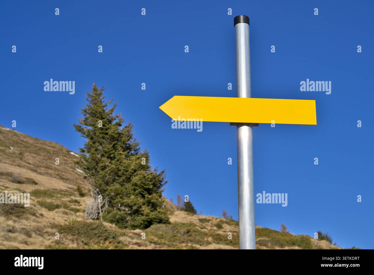 Flèche jaune vierge sur un poteau métallique montrant la direction contre un ciel bleu clair. Banque D'Images