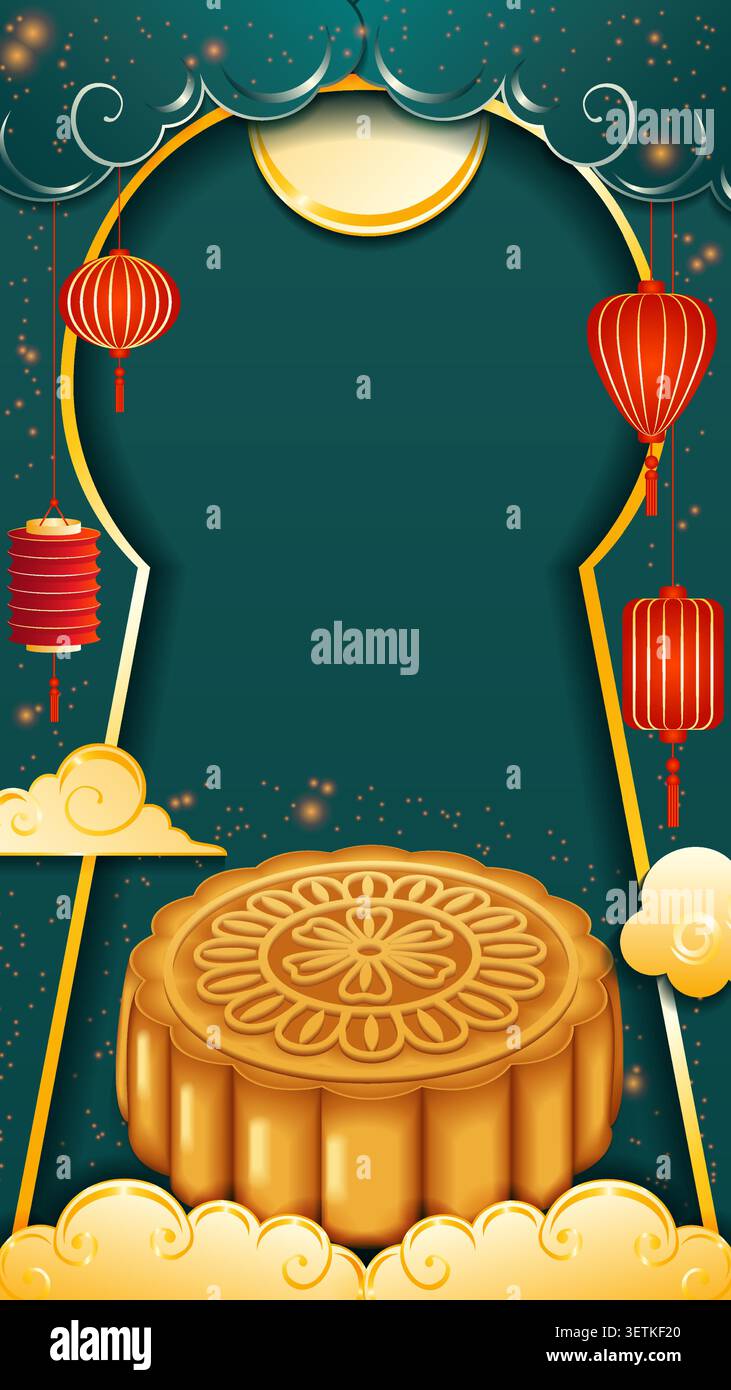 Bannière verticale modifiable Mid-Autumn Festival avec des gâteaux de lune et des lanternes avec espace de copie pour les médias sociaux, le fond d'écran de smartphone et les publicités mobiles. Illustration de Vecteur