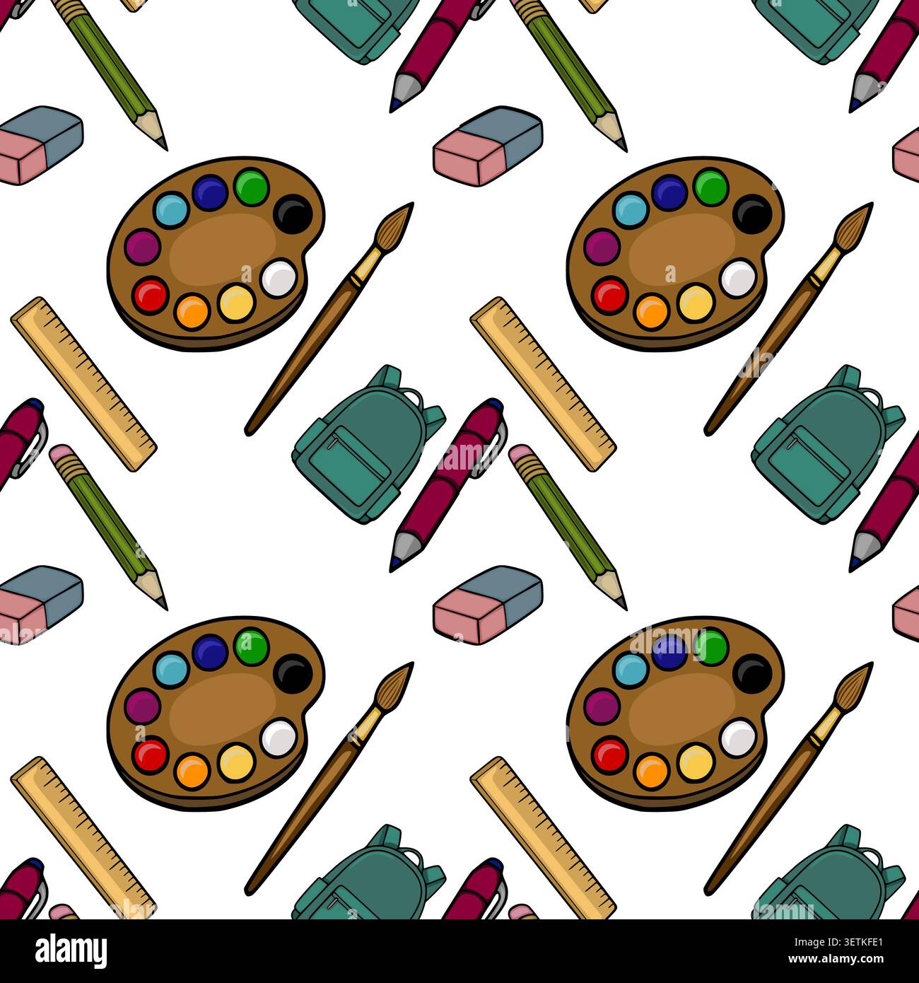 Modèle vectoriel sans couture de fournitures scolaires, y compris une palette de peinture, pinceau, règle, crayon, gomme, et sac à dos. Illustration de Vecteur