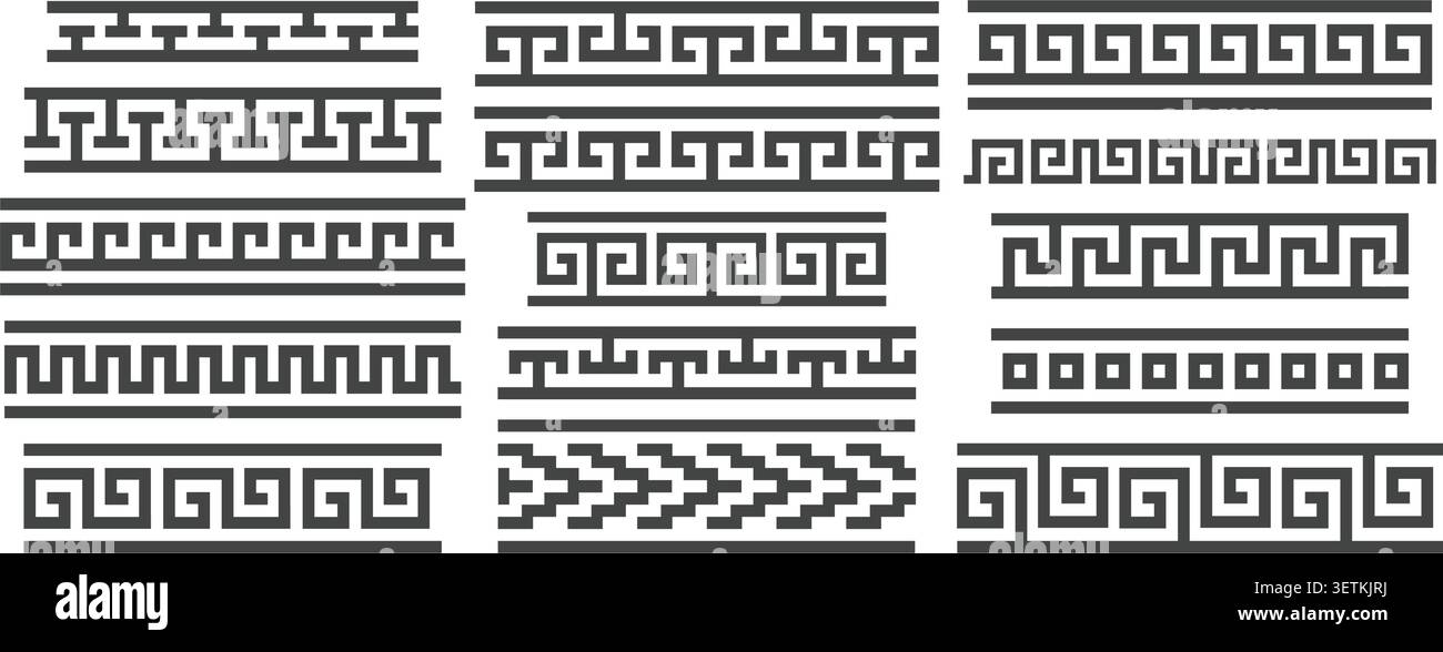 Cadre d'ornement de clé grecque antique avec motif géométrique romain. Collection de bandes de bordure vectorielles sans couture dans un style méditerranéen classique. Illustration de Vecteur