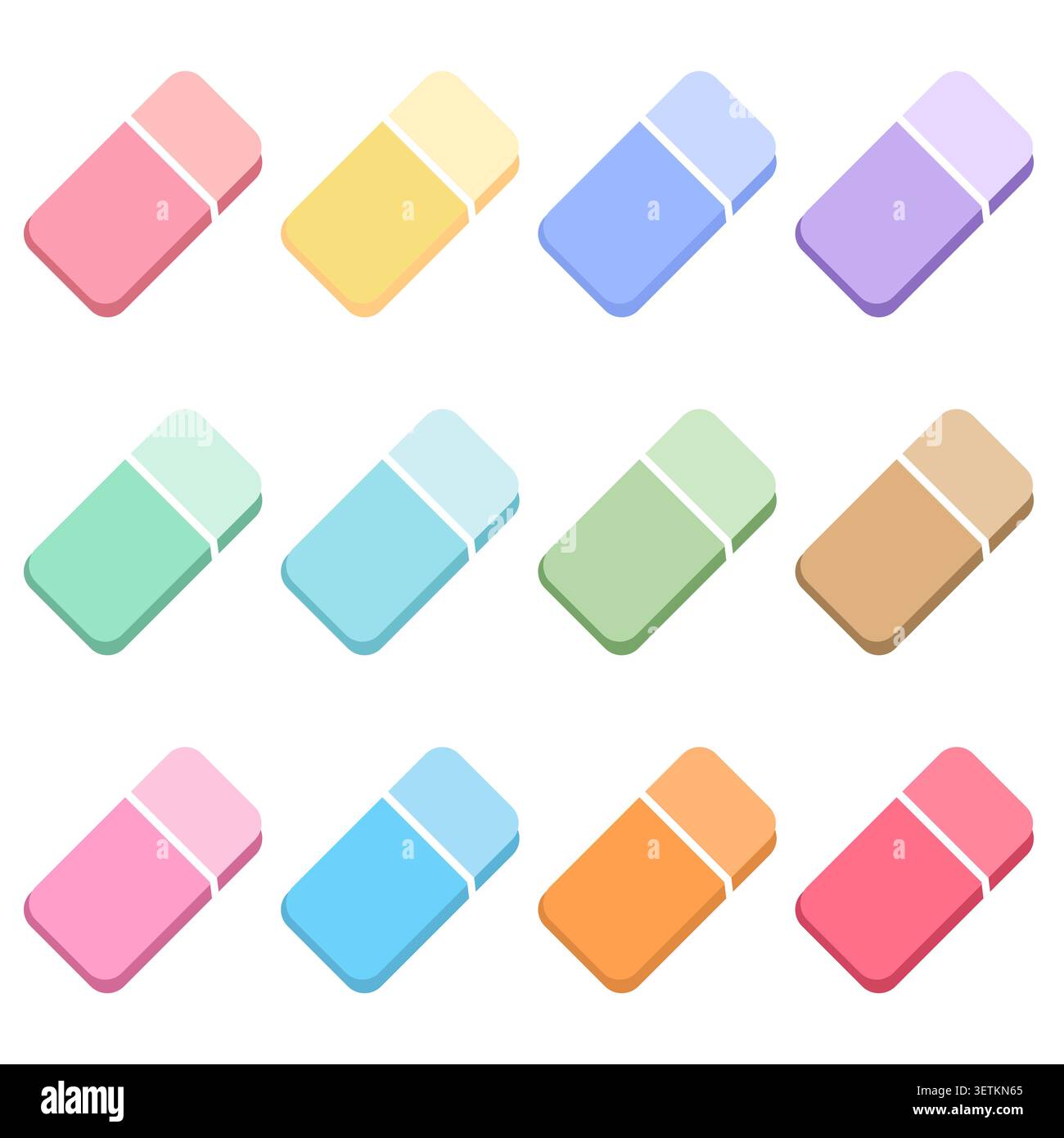 Collection icône de gomme pastel avec papeterie colorée pour l'école dans un style plat. Conception vectorielle éducative adaptée à la salle de classe, l'apprentissage, l'étude, o Illustration de Vecteur