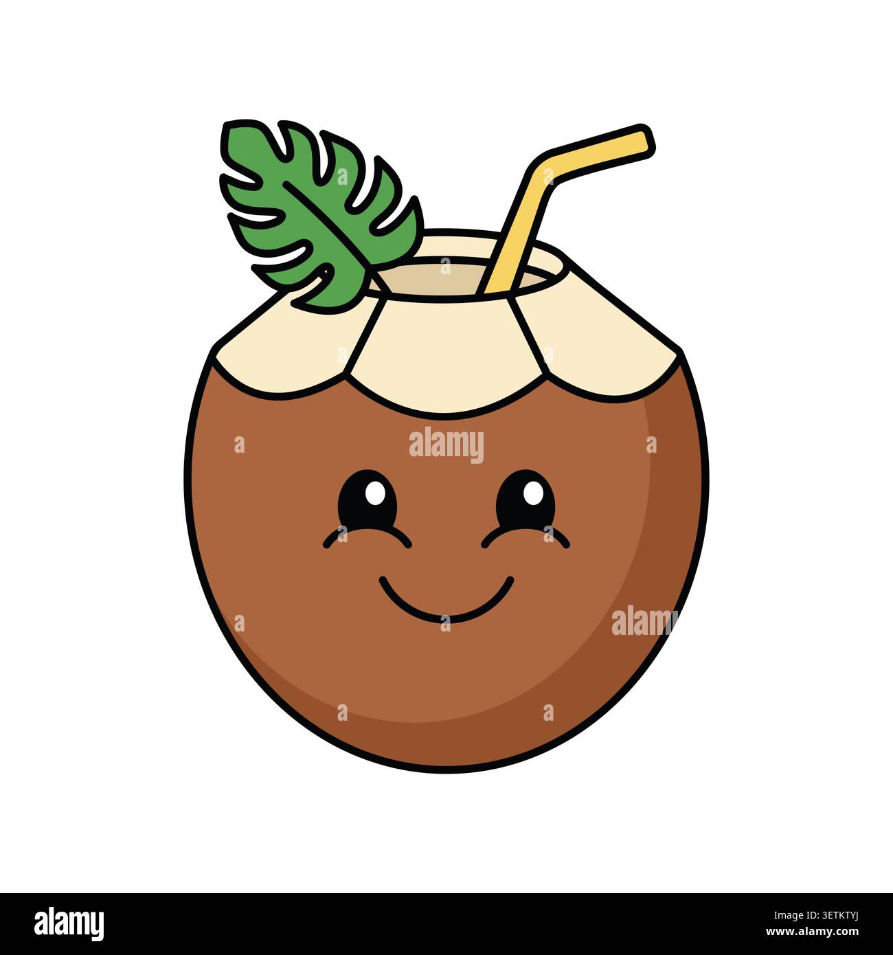 Cute Kawaii Coconut Drink avec paille et feuille tropicale illustration - Une illustration de personnage de noix de coco mignonne et souriante dans un style kawaii. Illustration de Vecteur