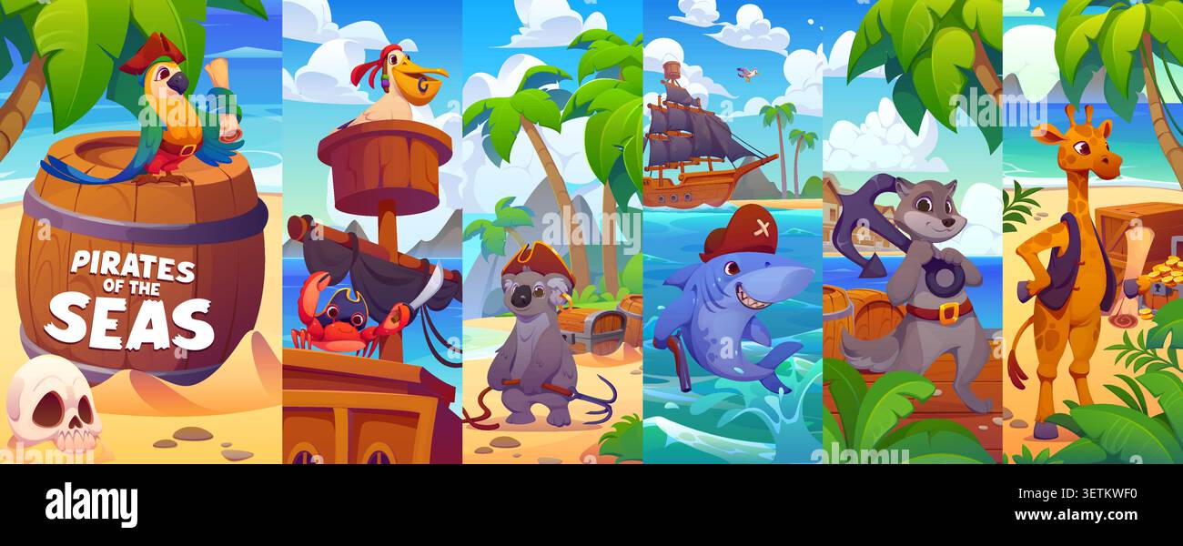 Collage de personnages pirates animaliers de dessins animés avec capitaine mignon et corsaires marins à Treasure Island. Perroquet drôle, crabe et requin, girafe heureuse, koala, pélican et personnages de pirates animaux de mangouste Illustration de Vecteur