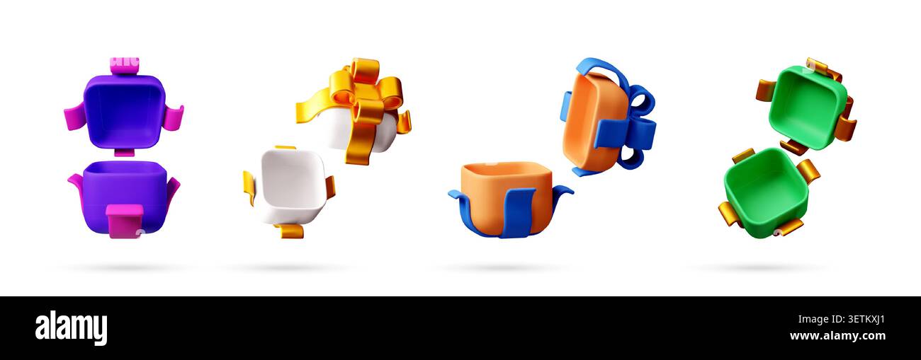 Ensemble 3D de boîtes cadeaux colorées ouvertes avec des rubans. Illustration de Vecteur