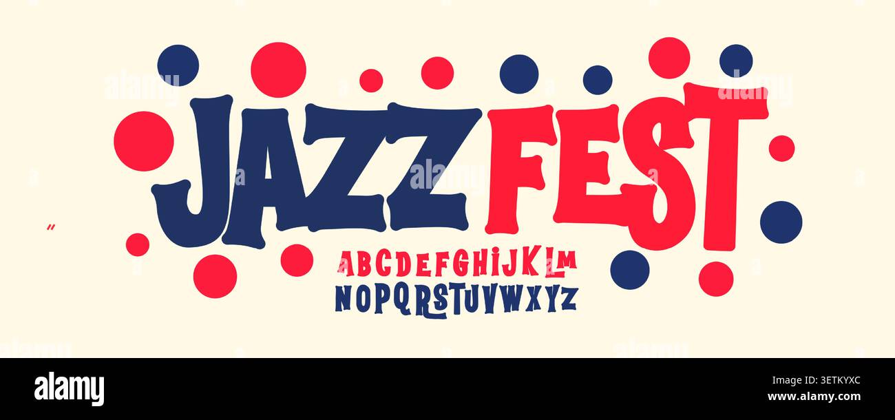 Musique festive police logo Funky Alphabet Funky Funabet. Blue Red Whimsical Letters, typographie comique originale pour le titre d'anniversaire, Summer Jazz Fest, Carnaval Illustration de Vecteur