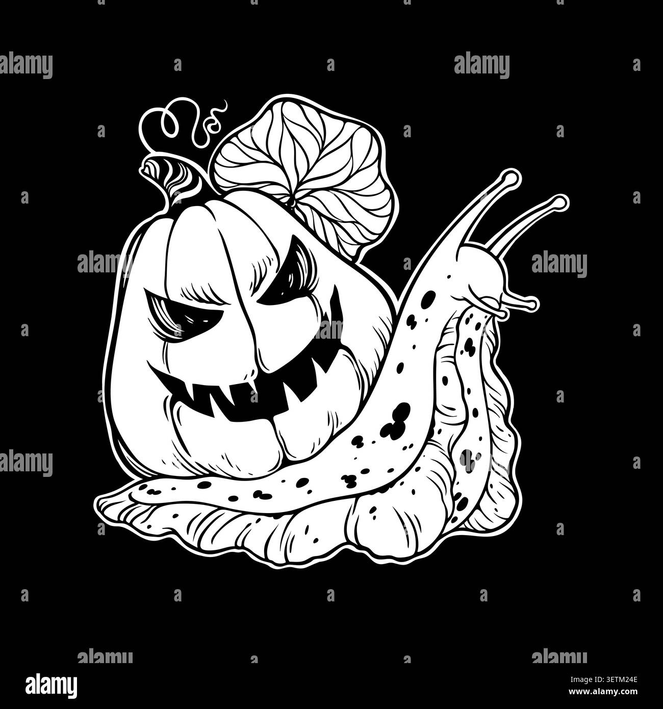 Illustration en noir et blanc d'un escargot tacheté avec une coquille de citrouille jack-o'-lanterne. La citrouille a des yeux sculptés et une bouche, et une feuille sur le dessus. SURR Illustration de Vecteur