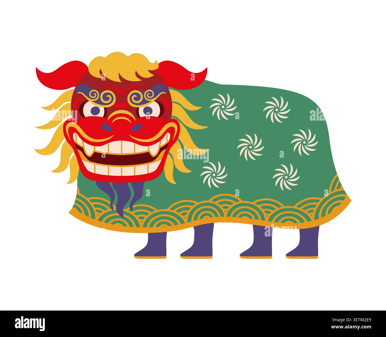 Icône Shishi mai de danse du lion du nouvel an japonais avec masque rouge, tissu à motifs verts et crinière dorée. Symbole festif ludique du Japon évoquant la célébration asiatique, la tradition, la culture, le festival et bonne chance Illustration de Vecteur