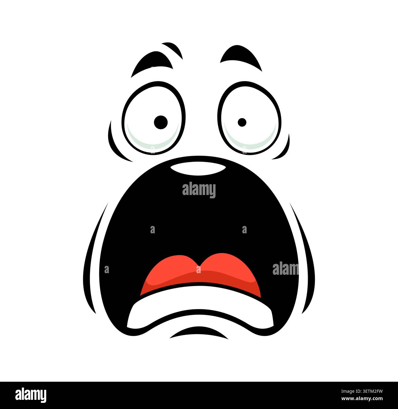 Visage drôle de dessin animé montrant une émotion terrifiée. Personnage emoji comique avec de larges yeux surpris, sourcils levés et bouche hurlante ouverte. Visage choqué pour les autocollants de réaction et les flashcards éducatifs Illustration de Vecteur