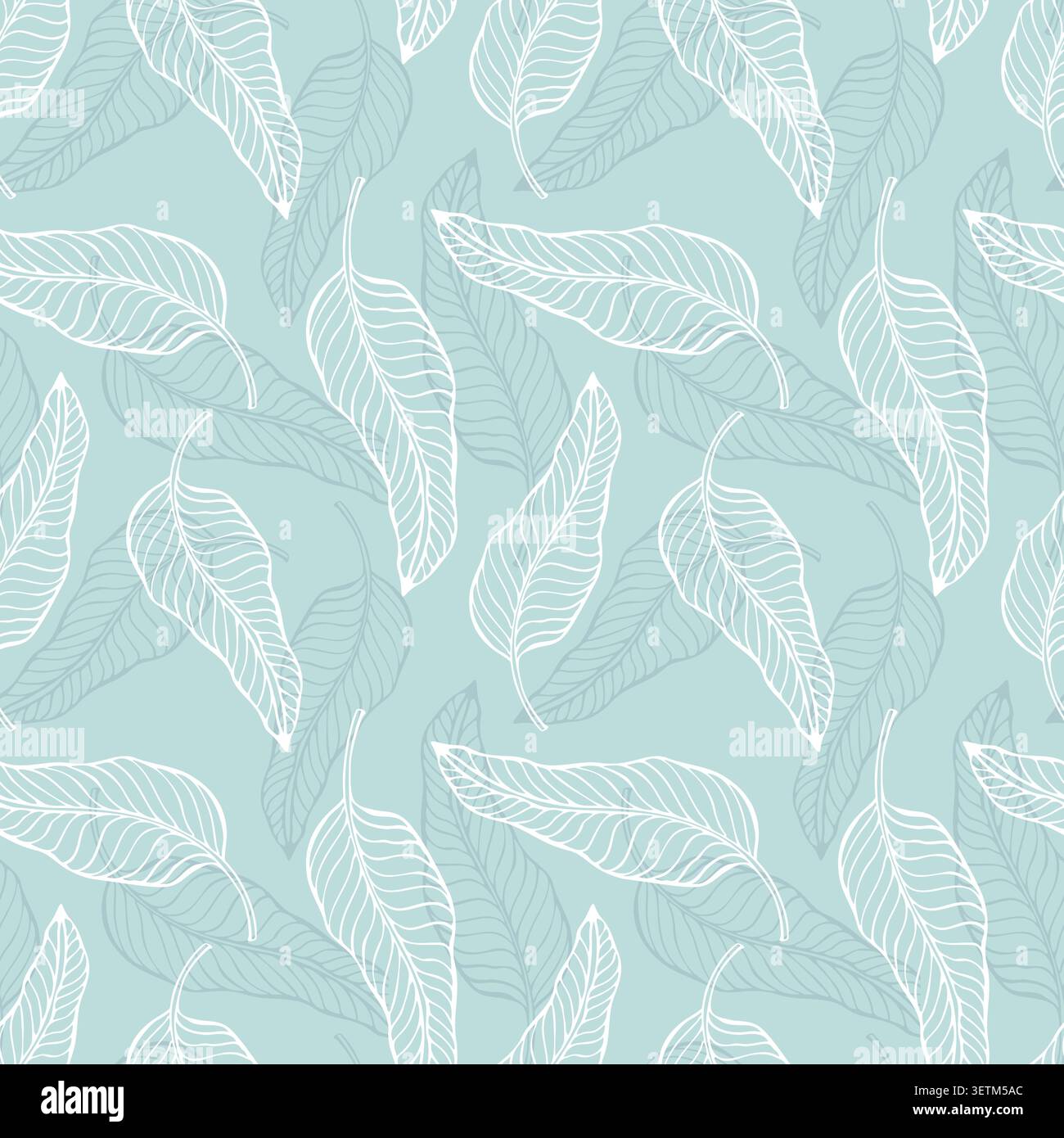 Plume tropicale laisse un motif sans couture avec des contours linéaires blancs et des ombres douces sur un fond bleu menthe, parfait pour la marque de spa, les emballages cosmétiques biologiques et la conception textile d'été délicate. Illustration vectorielle Illustration de Vecteur