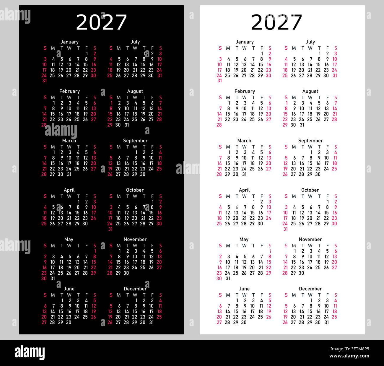 2027 conception de calendrier annuel minimal vertical mise en page mensuelle imprimable en noir et blanc pour les planificateurs. Illustration de Vecteur