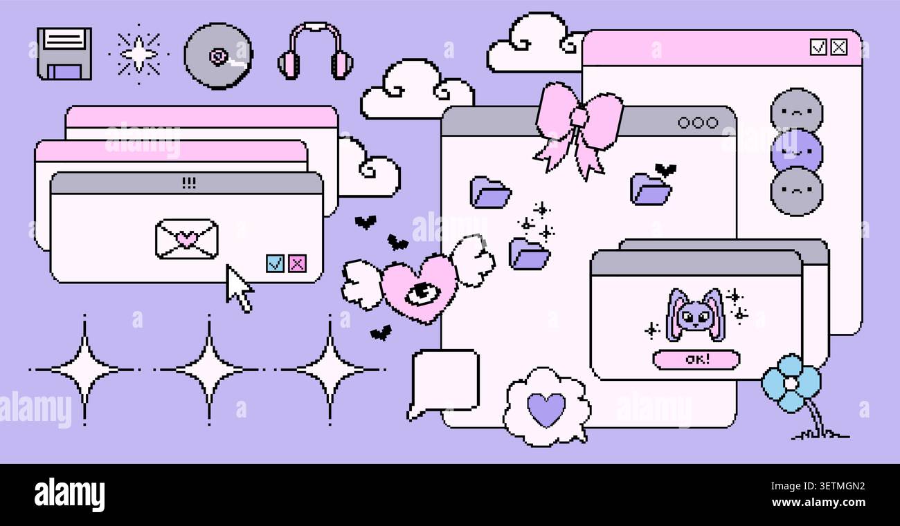 Ensemble d'interface informatique nostalgique des années 90 avec des éléments numériques rétro. Illustration vectorielle d'icônes de pixels mignons, flèche de curseur, fenêtres de message d'amour, dossiers et autocollants emoji de coeur et lapin colorés Illustration de Vecteur