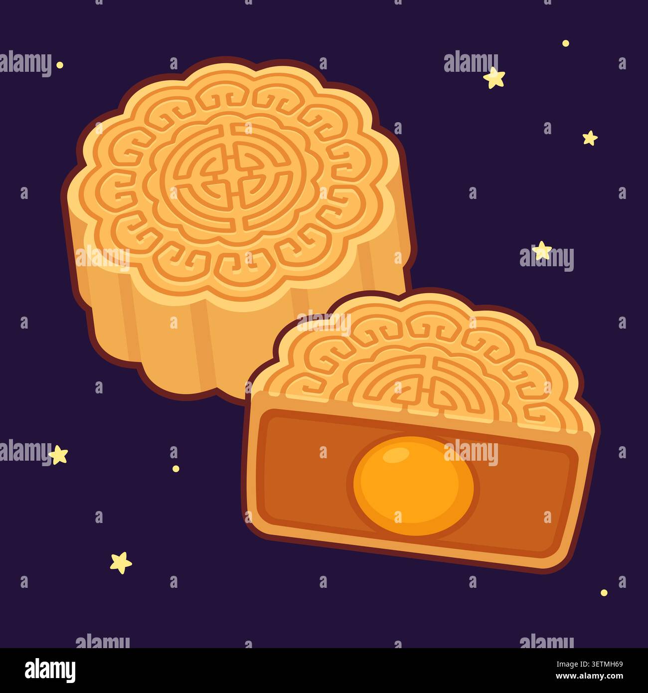 Gâteau de lune, pâtisserie chinoise traditionnelle consommée pendant le festival de la mi-automne. Gâteau de lune de dessin animé avec garniture de pâte de graines de lotus et jaune d'oeuf. Clip art vectoriel i Illustration de Vecteur