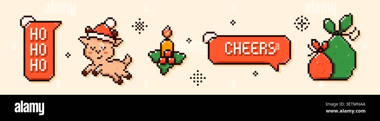 Collection de Noël pixel art Joy et HO-ho-ho bulles de discours, bougie avec houx et baies, chèvre et deux sacs avec des cadeaux. Illustration de Vecteur