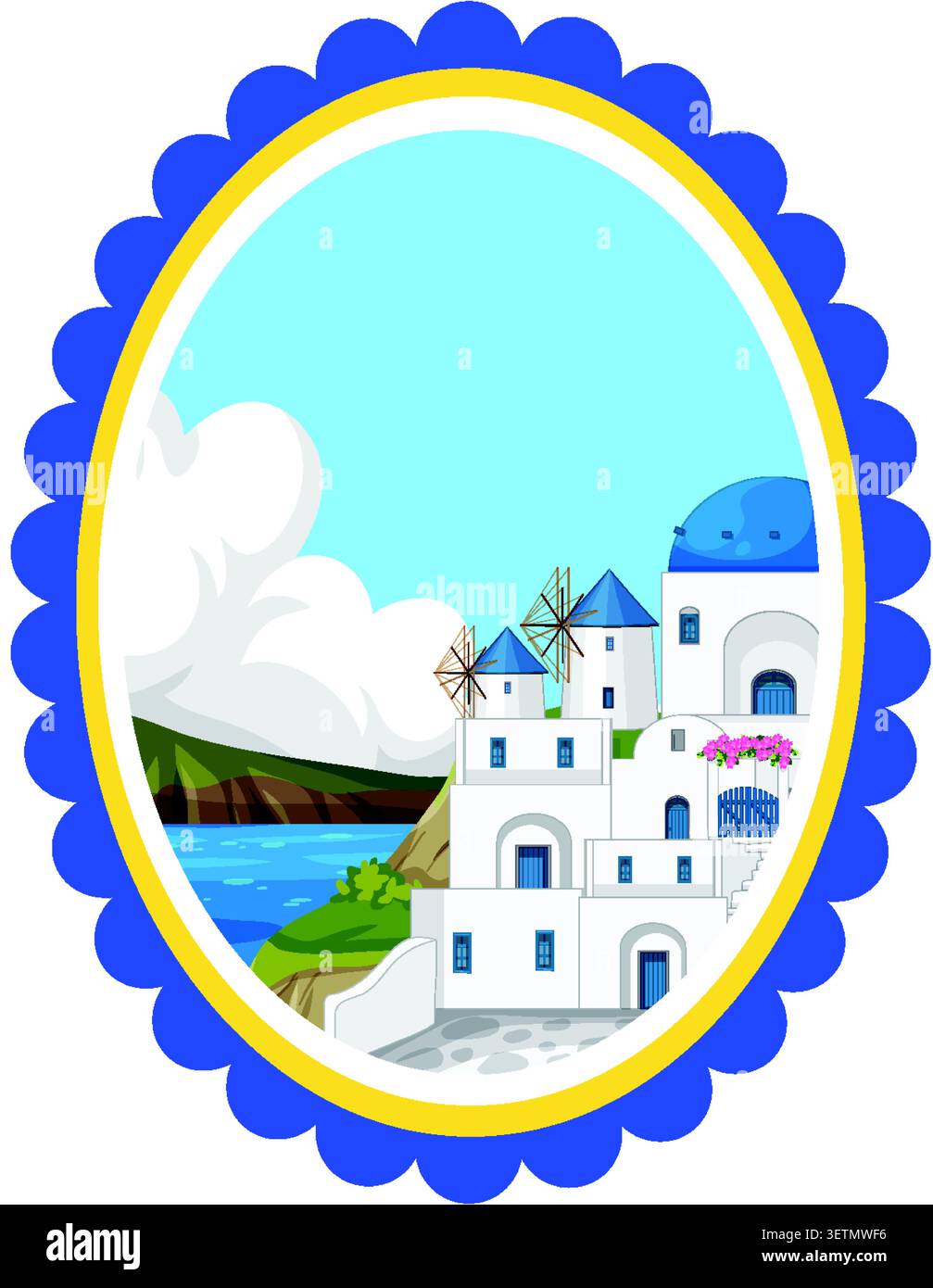 Illustration vectorielle plate d'une ville balnéaire avec des moulins à vent, des bâtiments à dôme bleu et des falaises côtières. Illustration de Vecteur