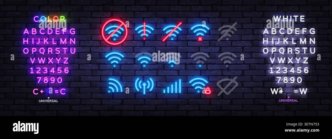 Ensemble d'icônes d'état du signal et Wi-Fi néon, y compris hors ligne, avertissement, signal faible, connexion sécurisée et symboles réseau cachés, ainsi qu'un éclairage modifiable Illustration de Vecteur