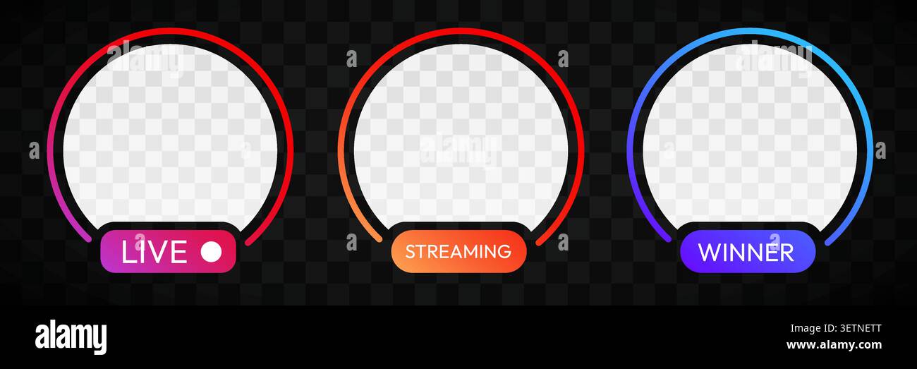 Diffusion en direct sur les réseaux sociaux et images d'avatar gagnantes avec bordures dégradées pour les photos de profil. Illustration vectorielle Illustration de Vecteur