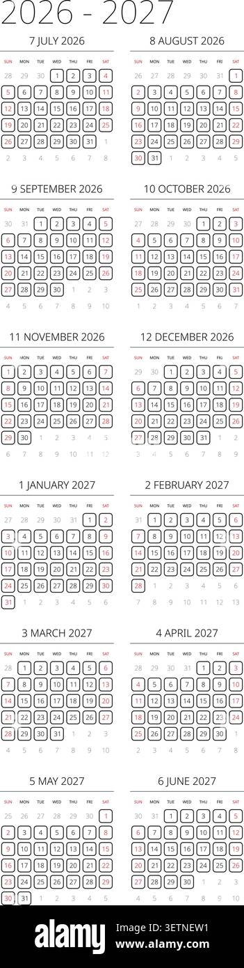 Anglais 2026-2027 vertical 2x6 Grid minimalist Wireframe Annual Calendar Blank Line Art Schedule page (compatible avec 2037-2038 et 2054-2055). Illustration de Vecteur