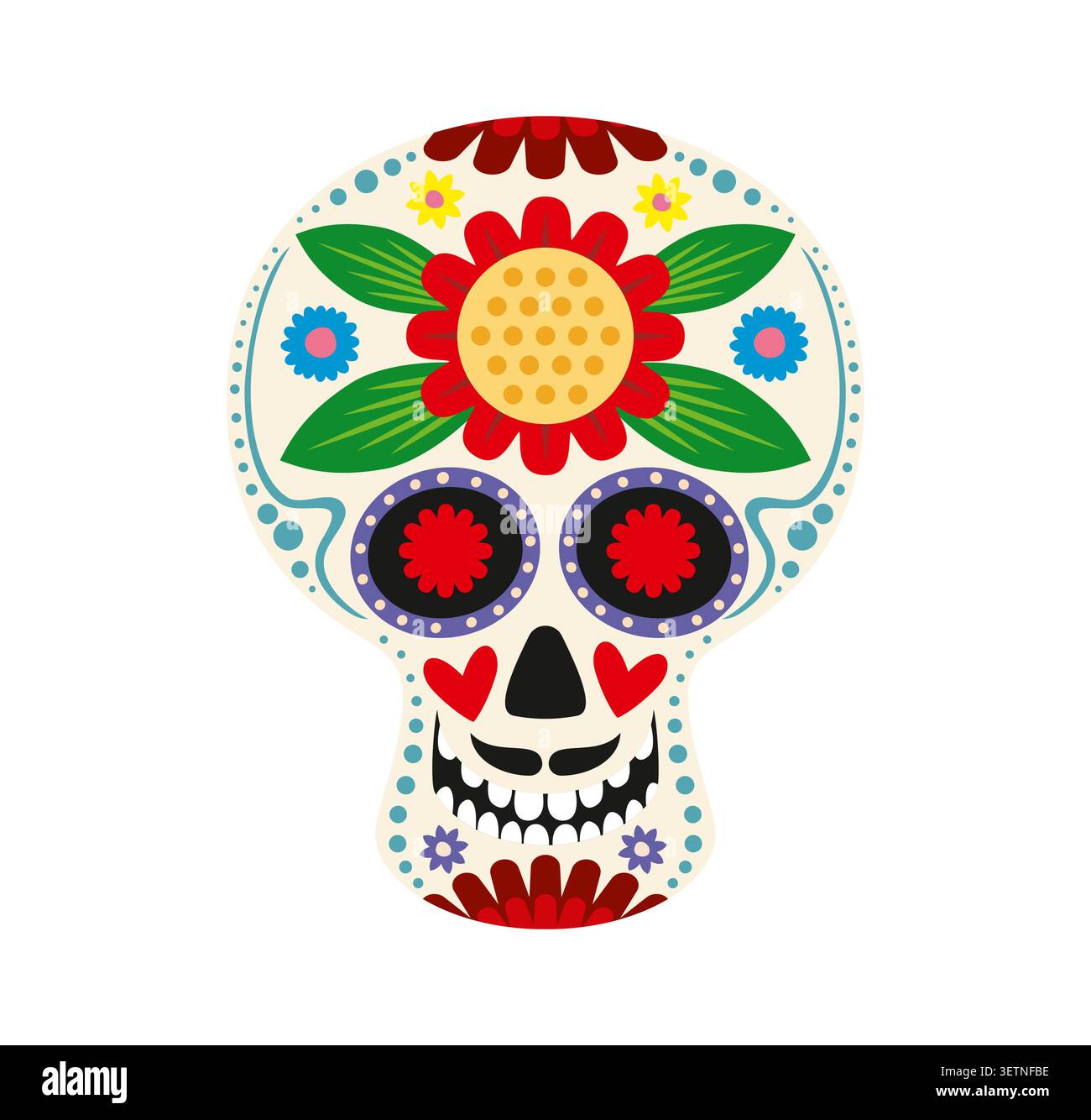Crâne de sucre de calavera mexicaine, jour de la fête des morts crâne de sucre de calavera. Dia de los Muertos symbole drôle de vacances. Crâne mariachi humain de dessin animé orné de fleurs traditionnelles et de motifs floraux Illustration de Vecteur