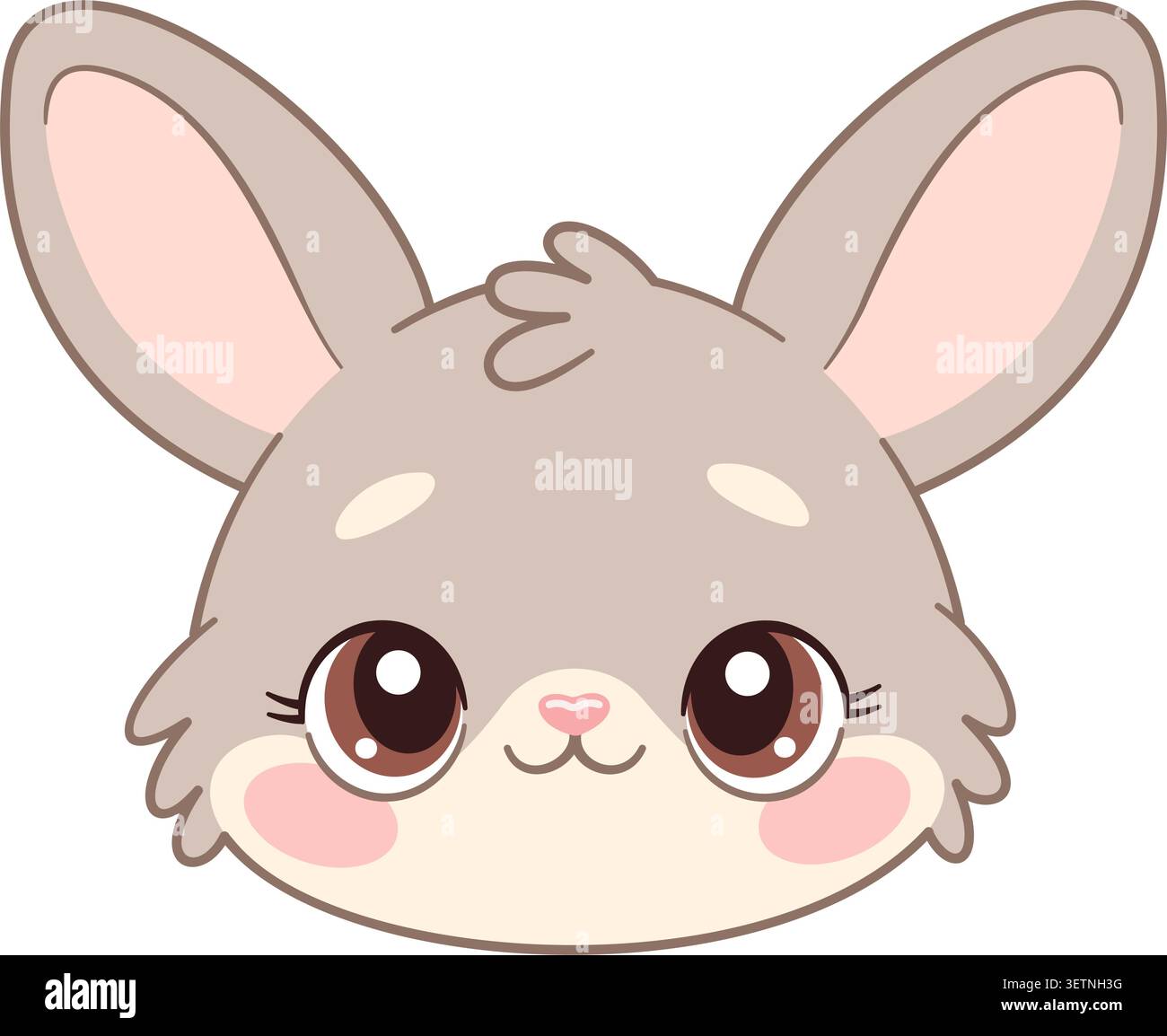Mignon bébé lapin tête de lapin avec de grands yeux et des joues moelleuses. Illustration vectorielle isolée de style plat dessinée à la main. Pour les autocollants, invitations, affiches, vêtements pour enfants, décoration de pépinière, cartes de vœux. Illustration de Vecteur