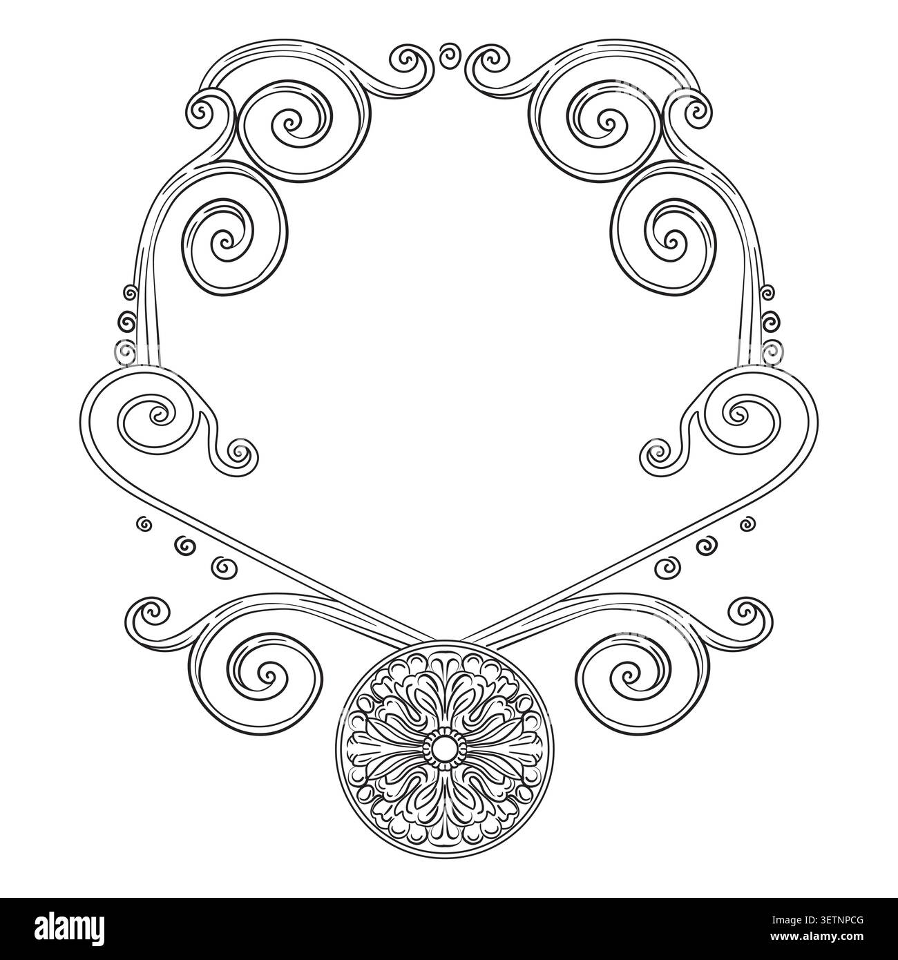 Cadre baroque dessiné à la main symétrique avec des éléments de design décorés de volutes. Vintage filigrane damassé art, gravure de tourbillon de mariage à la frontière rétro. Vecteur ill Illustration de Vecteur