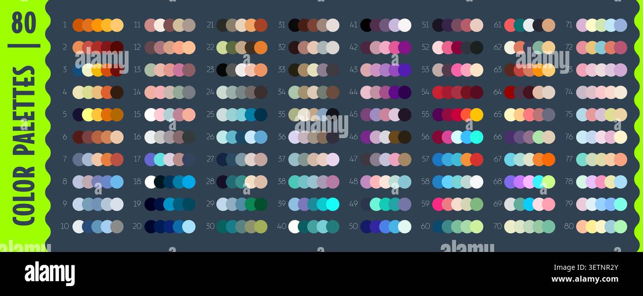 Palette d'harmonie cool, chaude et vibrante, nuances de schéma rvb. Modèle de diagramme de combinaison de couleurs de contraste et de correspondance. Palette de nuances sombres et claires tendance avec des échantillons de cercle Illustration de Vecteur
