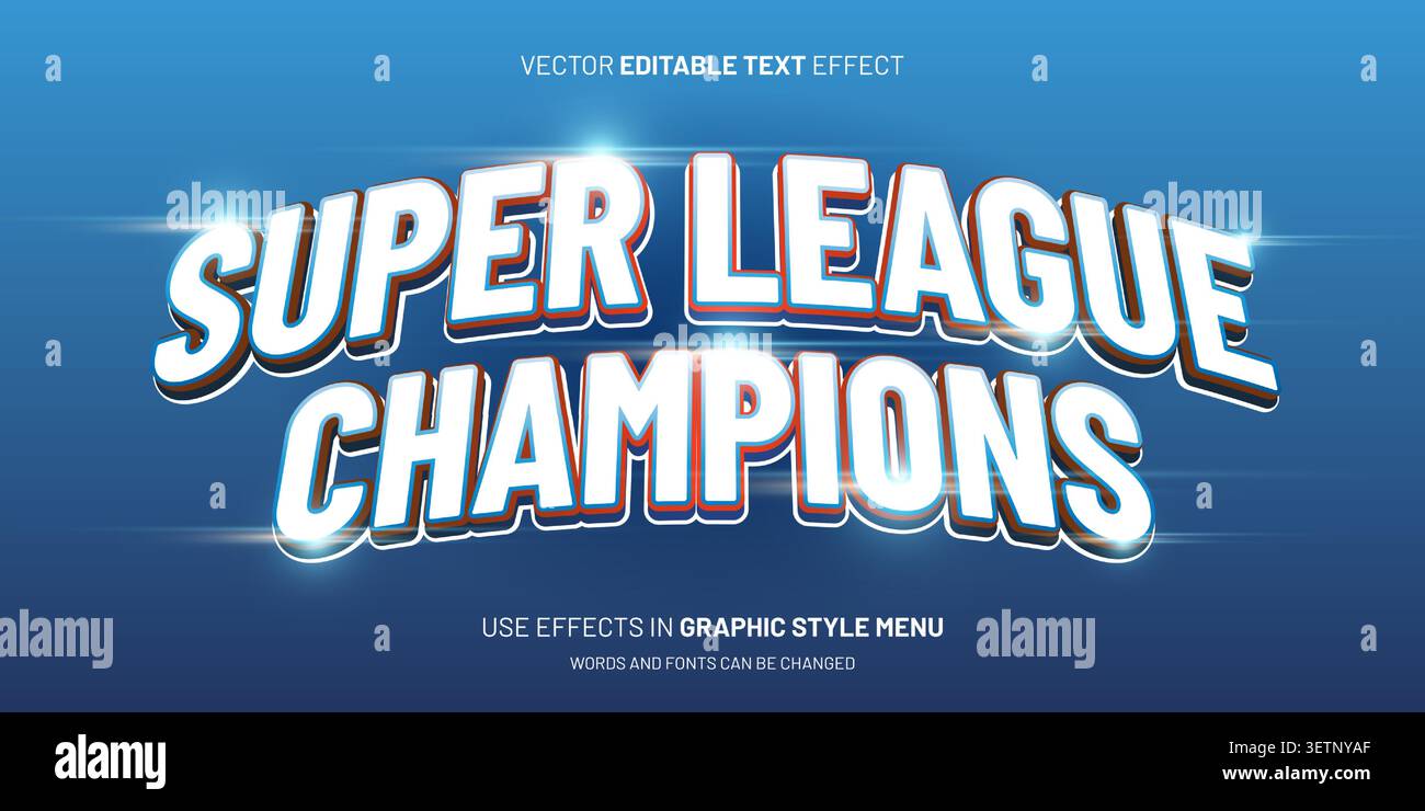 Super League champions l'effet de texte de football 3D audacieux avec typographie de champion. Conception de police modifiable pour les tournois sportifs, compétitions de football et GAM Illustration de Vecteur