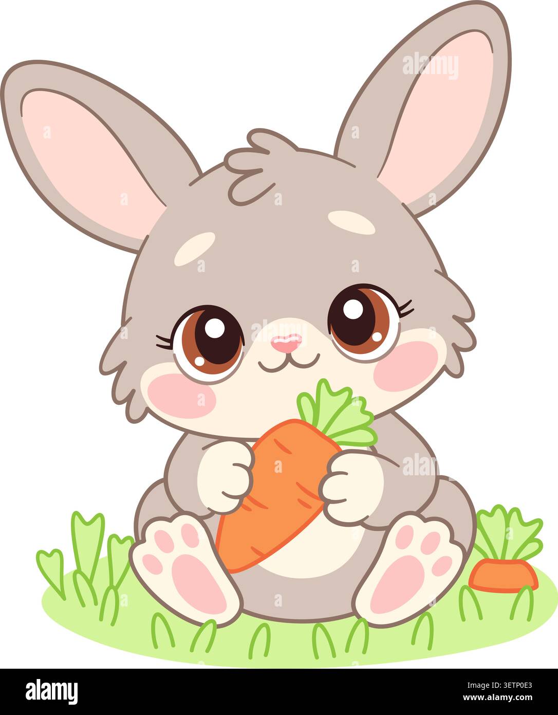 Mignon bébé lapin lapin assis sur l'herbe verte et tenant la carotte orange fraîche. Style plat dessiné à la main isolé. Pour les autocollants, invitations, affiches, vêtements pour enfants, décoration de pépinière, cartes de vœux. Illustration de Vecteur