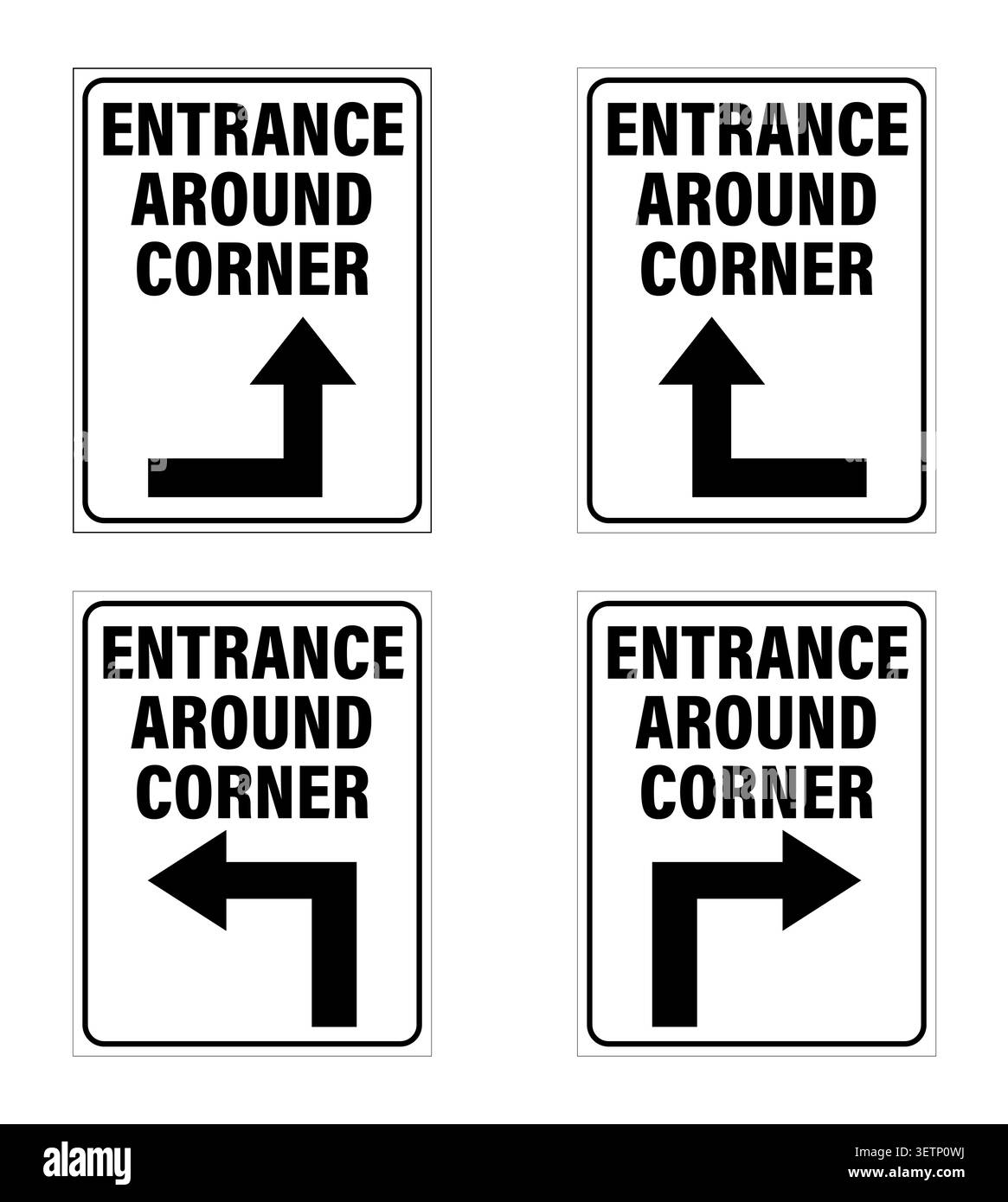 Entrée autour du coin. Ensemble de panneaux d'information avec texte et flèches directionnelles pointant dans quatre directions différentes, une pour chaque plaque. Illustration de Vecteur
