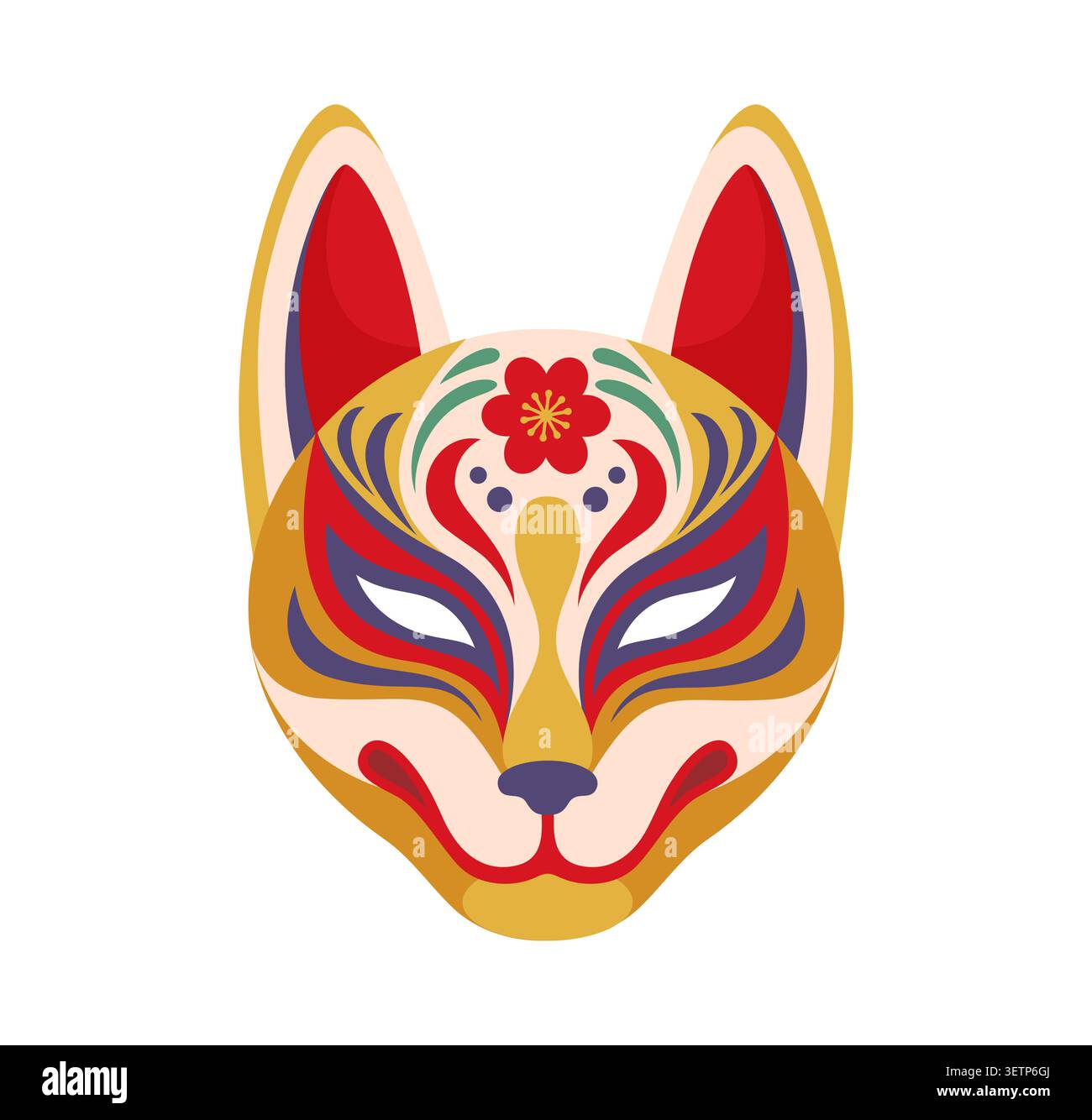Jouet japonais masque traditionnel de renard kitsune avec des motifs décoratifs rouge, bleu et or Cartoon festival décoratif et déguisement folklorique. Objet de théâtre NOH ou kabuki, mythologie asiatique et visage de renard d'anime Illustration de Vecteur