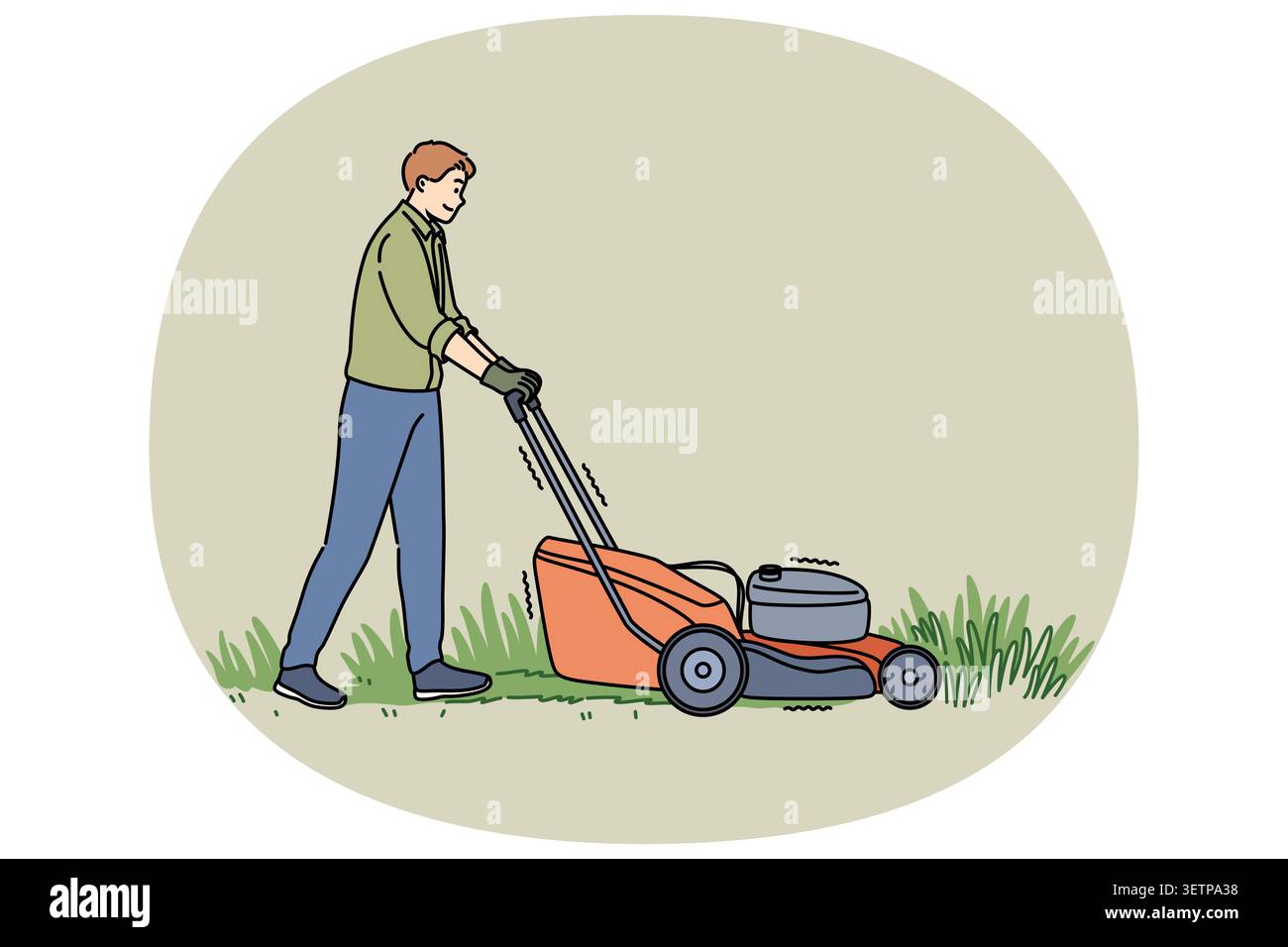 L'homme utilise une tondeuse à gazon à essence pour entretenir l'herbe dans la cour arrière ou le parc public. Jardinier Guy avec tondeuse à gazon en utilisant l'équipement de jardin acheté en magasin et lui permettant de simplifier le processus de coupe de l'herbe. Illustration de Vecteur