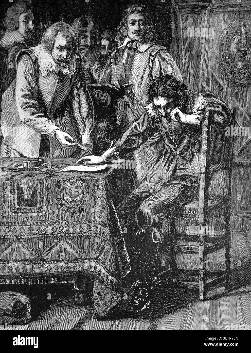 Gravure du roi Charles I signant la Commission d'Assent à l'Attainder de Thomas Wentworth, 1er comte de Strafford, le 10 mai 1641 par G.C Hindley f Banque D'Images