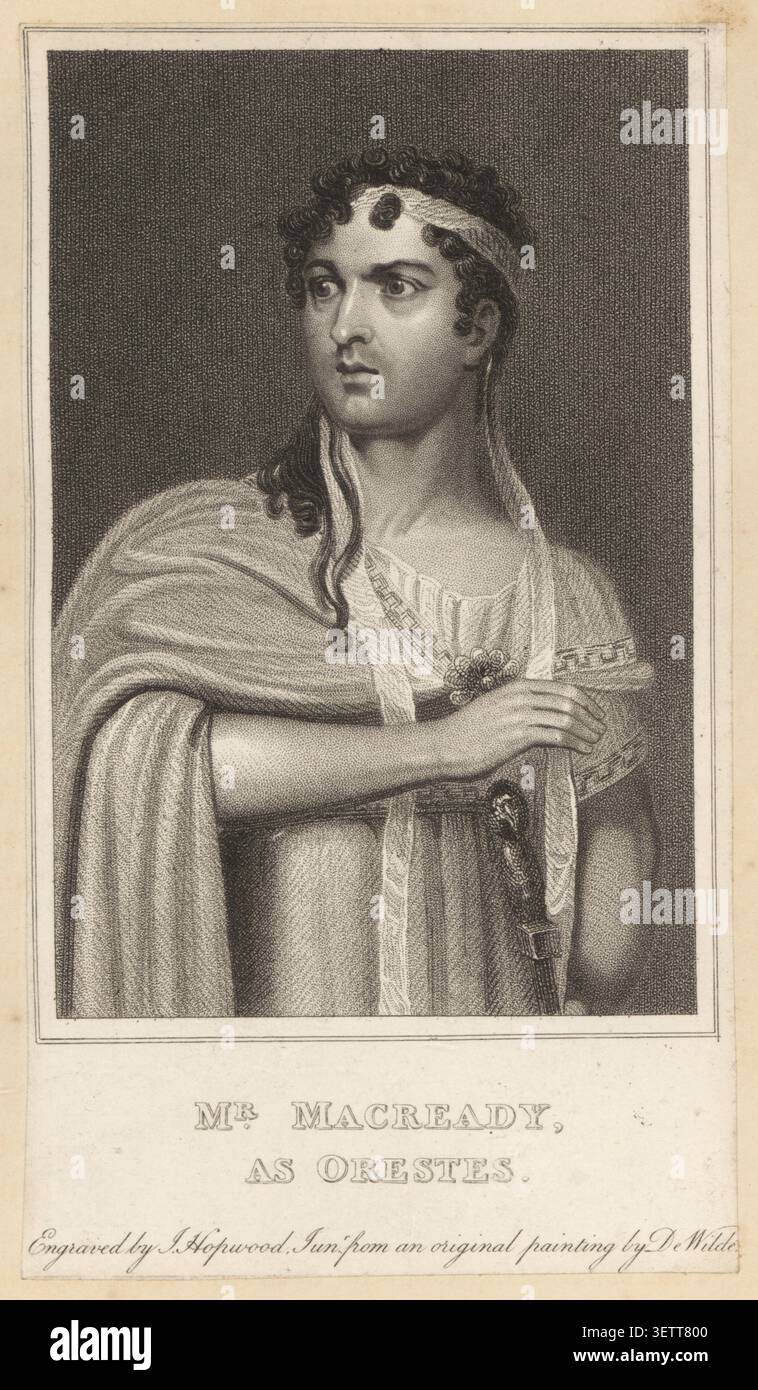 William Charles Macready (1793-1873), acteur de scène anglais, a fait ses débuts en 1816 dans le rôle d'Oreste dans The Distressed Mother d'Ambrose Philips. Portrait en pied avec visage tourné vers la gauche, filet en cheveux frisés, tunique romaine, manteau et broche, tenant une épée. Gravure sur cuivre par James Hopwood Junior d'après une peinture originale de Samuel Wilde publiée par Simpkin & Marshall, Stationers court, et Chapple, Pall Mall, Londres, 1819. Banque D'Images