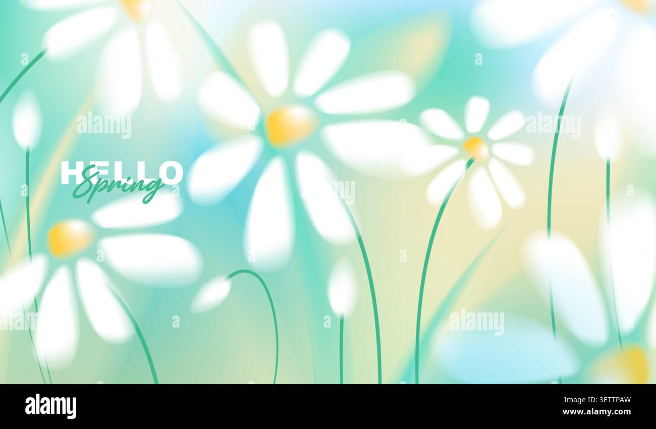 Fond vectoriel de carte de voeux Hello Spring avec de belles fleurs blanches fleurissant en bokeh doux vert frais et bleu, parfait pour la saison. Illustration de Vecteur