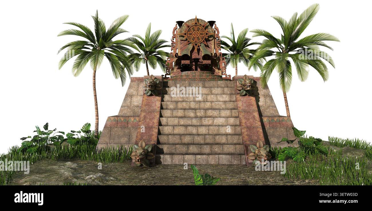 Pyramide maya entourée de palmiers et d'une végétation luxuriante. Parfait pour les actifs de conception historiques, archéologiques ou à thème de voyage. Illustration 3D de Banque D'Images