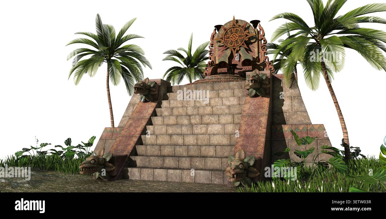 Pyramide maya entourée de palmiers et d'une végétation luxuriante. Parfait pour les actifs de conception historiques, archéologiques ou à thème de voyage. Illustration 3D de Banque D'Images