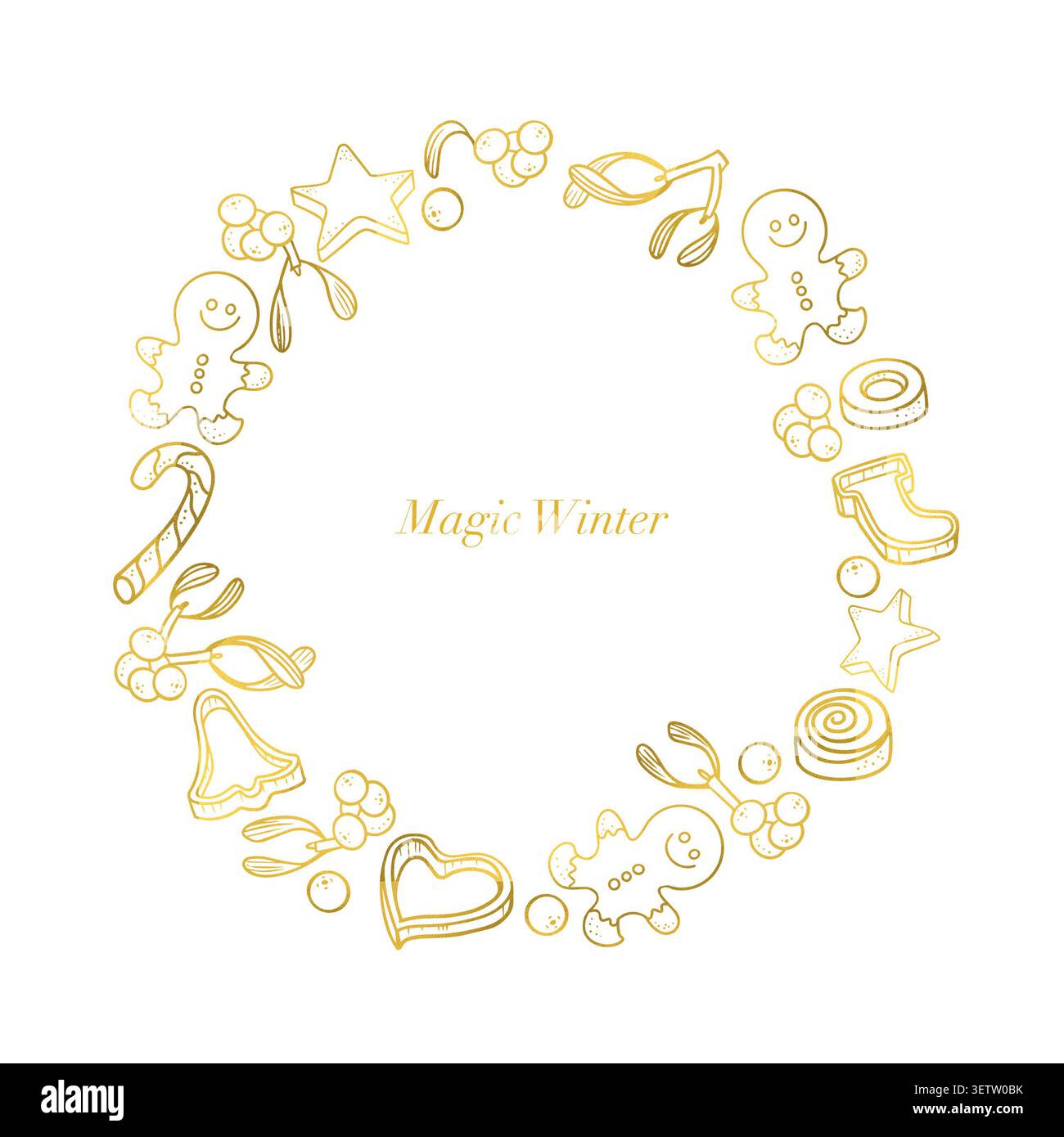 Couronne dorée raster avec des hommes en pain d'épice et Magic Winter texte isolé sur fond blanc. Caractéristiques d'illustration numérique élégante de Noël détaillées Banque D'Images
