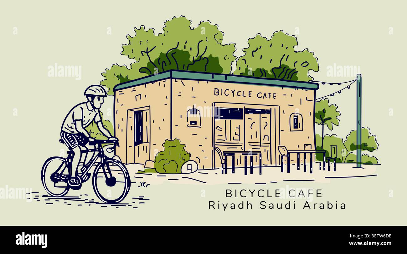 Croquis dessiné à la main d'un cycliste passant devant le Bicycle Cafe à Riyad, en Arabie Saoudite. Idéal pour le style de vie, le café et les thèmes du vélo. Illustration de Vecteur